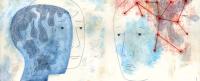 Two abstract faces in profile, one filled with intricate blue patterns and the other with red interconnected lines, representing complex mental states.